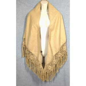 Peruvian 100% Alpaca Cape OS Beige Crochet Trim Tassel Shawl Wrap Minimalist